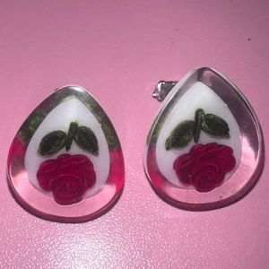 Vintage Lucite clear carved rose clip on earrings